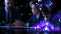 Businessman wearing futuristic smart glasses with glowing blue interface, digital transformation concept shown through purple light effects and bokeh.
