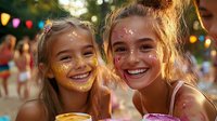 Young Caucasian girls with colorful face paint smiling at summer festival, glitter makeup and festive decorations in background, joyful celebration atmosphere.