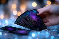 Mystical tarot cards with purple glowing pattern spread on dark surface against blurred bokeh lights, creating magical fortune telling atmosphere.