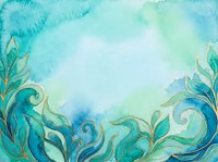 Watercolor background with turquoise and green ornamental flourishes, swirling botanical elements, and soft blended colors. Suitable for invitations, cards, and design projects.