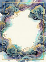 Ornate decorative frame with swirling clouds in watercolor style featuring gold, purple and teal colors with blank center space for text or design elements.