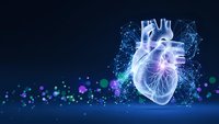 Digital heart anatomy with glowing network connections on dark blue background for medical technology and healthcare innovation concepts.