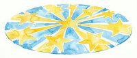 Watercolor celestial pattern with radiating yellow and blue stars on isolated oval background, suitable for nursery decor, children's textiles, and design applications.