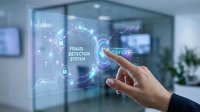 Hand touching holographic fraud detection system interface with security icons and verification elements in modern office environment for cybersecurity solutions.