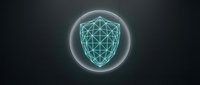 Glowing neon shield with geometric wireframe design on dark background, representing cybersecurity, data protection, and digital safety for tech concepts.