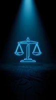 Glowing neon scales of justice symbol illuminated by blue spotlight beam on dark background for legal and law firm presentations.