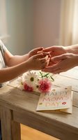 Mother and child hands touching tenderly over flowers and handmade card on wooden table celebrating mothers day with warm sunlight streaming through window.