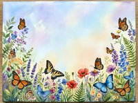 Watercolor spring garden border with colorful butterflies, wildflowers and green foliage on soft pastel background for greeting cards and invitations.