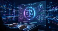 Digital justice initiative interface with glowing scales symbol on futuristic holographic display for legal technology and cyber law transformation.