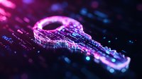 Digital key glowing with neon pink and blue light on circuit board background. Cybersecurity, encryption, and data protection concept for technology and digital security applications.
