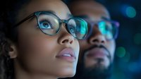 Young African American woman wearing glasses with blue light reflection, looking up with hopeful expression against dark background with bokeh lights.