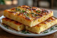 Golden crispy potato cakes stacked on white plate, garnished with fresh herbs, showcasing grill marks and buttery texture for food photography.
