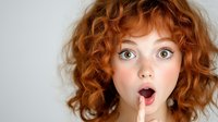 Young woman with natural red curly hair and freckles expressing surprise with open mouth and wide eyes against light background. Emotional portrait concept.
