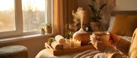 Young woman with light skin tone enjoying a relaxing spa and wellness session at home, surrounded by candles, essential oils, and natural plants for self-care and meditation.