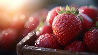 Fresh ripe strawberries with water drops and natural bokeh light effect in dark moody setting, macro food photography for healthy eating concept.