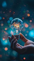 Glowing light bulb held in hand against dark background with colorful bokeh lights, symbolizing creativity, innovation and bright ideas.