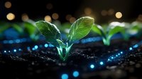 Young green plant seedling growing from soil with magical glowing blue lights and golden bokeh background, representing growth, hope and new beginnings.