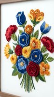 Colorful embroidered flower bouquet with blue roses, red carnations, and yellow blooms on white background, isolated design element for crafts and textile projects.