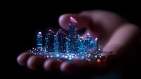 Glowing miniature cityscape with illuminated skyscrapers and blue lights held in palm against dark background, creating magical urban diorama effect.