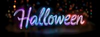 Glowing neon Halloween text sign with gradient purple to blue colors on dark blurred bokeh background, modern festive holiday lettering design.