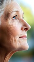 Close-up profile portrait of senior Caucasian woman with blue eyes and white hair looking up with peaceful expression against soft blurred background.