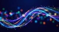 Abstract flowing energy waves with glowing particles and bokeh lights on dark blue background for digital technology and futuristic design concepts.