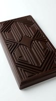 Dark chocolate bar with geometric striped pattern and segmented squares on white background, isolated for confectionery, food packaging, and culinary design projects.