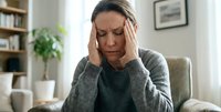 Middle-aged Caucasian woman experiencing headache or stress, holding temples with hands while sitting in comfortable home living room setting.