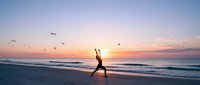 Woman practicing yoga warrior pose on beach at sunrise with seagulls flying overhead, peaceful morning meditation and wellness lifestyle by ocean waves.
