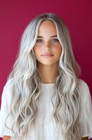 Young woman with long platinum blonde wavy hair and blue eyes wearing white top against burgundy background, natural makeup look and gentle smile.