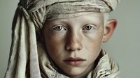 Young albino boy with white hair wrapped in beige fabric headwrap looking directly at camera with pale skin and light eyes against neutral background.