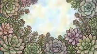 Watercolor succulent garden frame with soft pastel sky, lush green and purple rosettes forming a natural border with copy space.