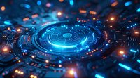 Futuristic digital technology interface with glowing blue circular pattern and orange light accents on dark background, representing advanced computing systems.