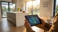 Smart home control system displayed on tablet device in modern living room with kitchen island and natural light from large windows.