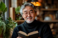 Senior Asian man with gray hair and glasses wearing black turtleneck sweater reading book near window with houseplants, warm lighting creates cozy atmosphere.
