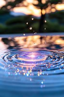 Water drop creating concentric ripples on blue water surface with golden sunset bokeh reflections, capturing moment of impact with floating droplets.