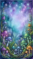 Enchanted forest floor with whimsical mushrooms, glowing stars, and magical plants framing a dreamy watercolor sky in purple, blue, and teal tones. Perfect for fantasy designs.
