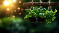 Fresh herbs growing in hanging kokedama moss balls with natural sunlight and bokeh effect, garden decoration for small spaces and urban farming.