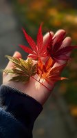 Hand holding vibrant autumn maple leaves in red, orange and gold against blurred fall background, showcasing seasonal change and nature's palette.