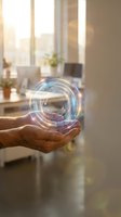 Hand holding glowing spiral orb with neon light effect in modern office workspace. Represents innovation, technology, energy, and future concepts for business presentations.