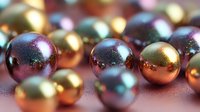 Metallic spheres in copper, gold, and teal with shimmering surfaces arranged on reflective surface, creating luxurious decorative elements.