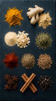 Assorted spices and seasonings including turmeric, ginger, garlic, cumin, cinnamon, and coriander arranged on dark slate for cooking and culinary use.