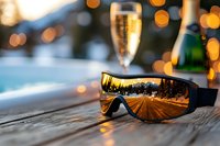 Sunglasses on wooden surface reflecting winter road with champagne glass and bottle in background against festive bokeh lights and sunset glow.