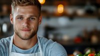 Young handsome Caucasian male chef with beard smiling in professional kitchen wearing apron. Restaurant culinary expert portrait with warm lighting and blurred background.