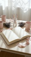 Cozy reading corner with open book, pink mugs, lavender flowers and colored pencils on wooden table by window with soft natural light creating peaceful atmosphere.