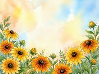 Watercolor yellow orange flowers frame border with soft pastel sky background for greeting cards invitations and decorative design projects.