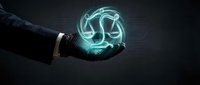 Businessman hand holding glowing neon scales of justice symbol, representing legal services, law firm branding, and corporate compliance solutions.