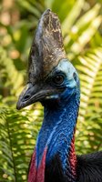 Southern cassowary bird portrait showing distinctive blue neck, red wattles and casque crest in tropical rainforest habitat for wildlife photography.
