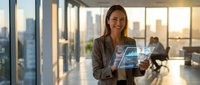 Professional businesswoman holding tablet in modern office with city skyline view during golden hour sunset for corporate presentations and meetings.