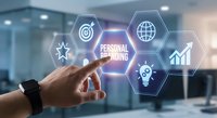Professional hand touching digital personal branding interface with hexagonal icons showing target, globe, growth chart and lightbulb in modern office.
